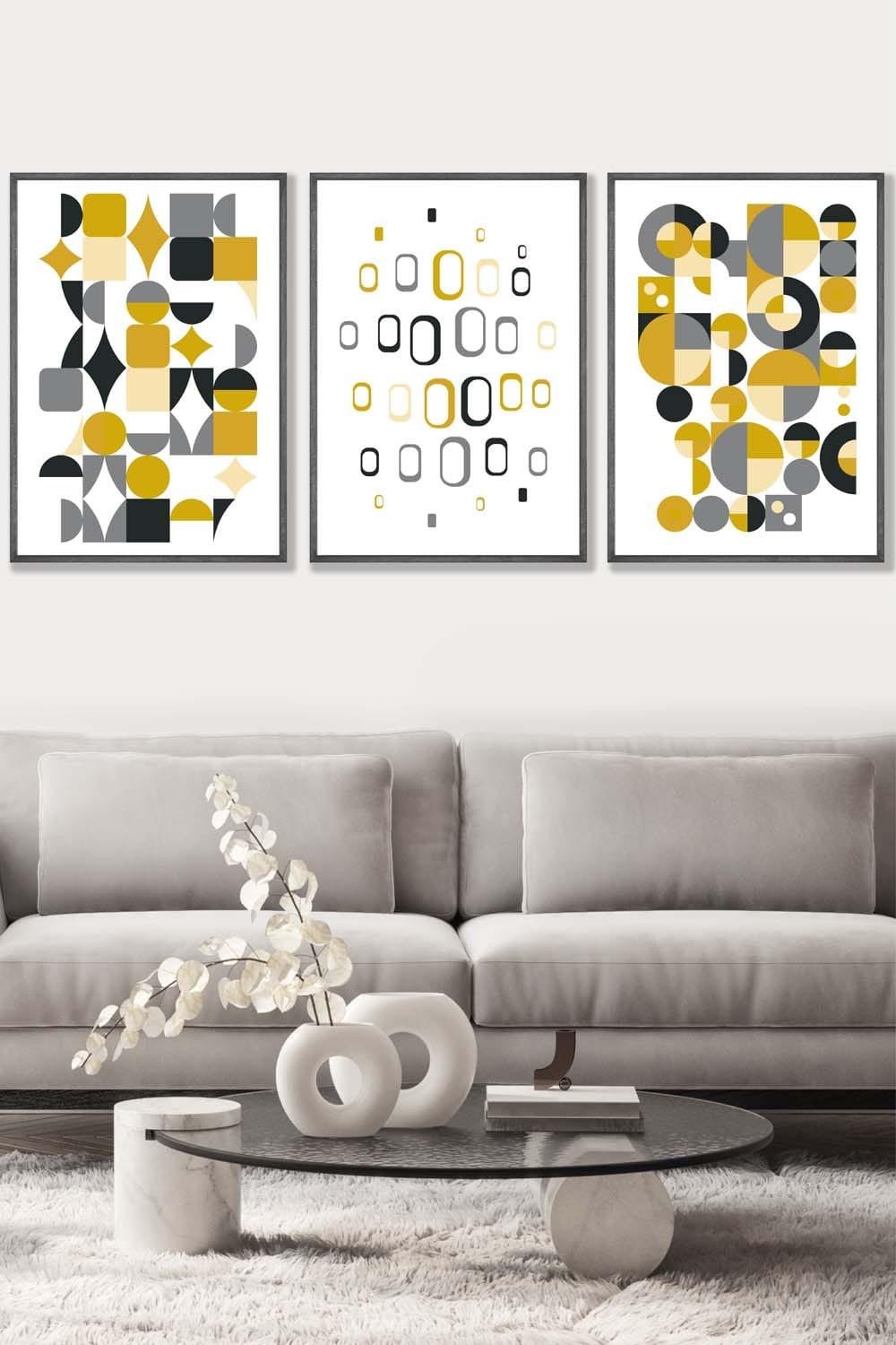 Mid Century Graphical Grey Yellow Framed Wall Art - Large